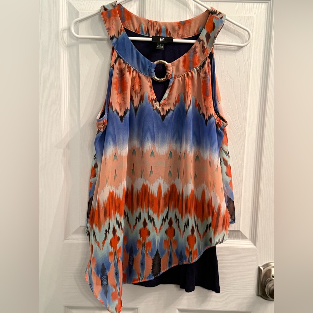Iz Byer Orange and Blue Asymmetrical Aztec Print Sleeveless Blouse